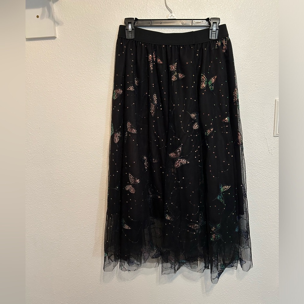 Black Sparkly Butterfly Midi Skirt